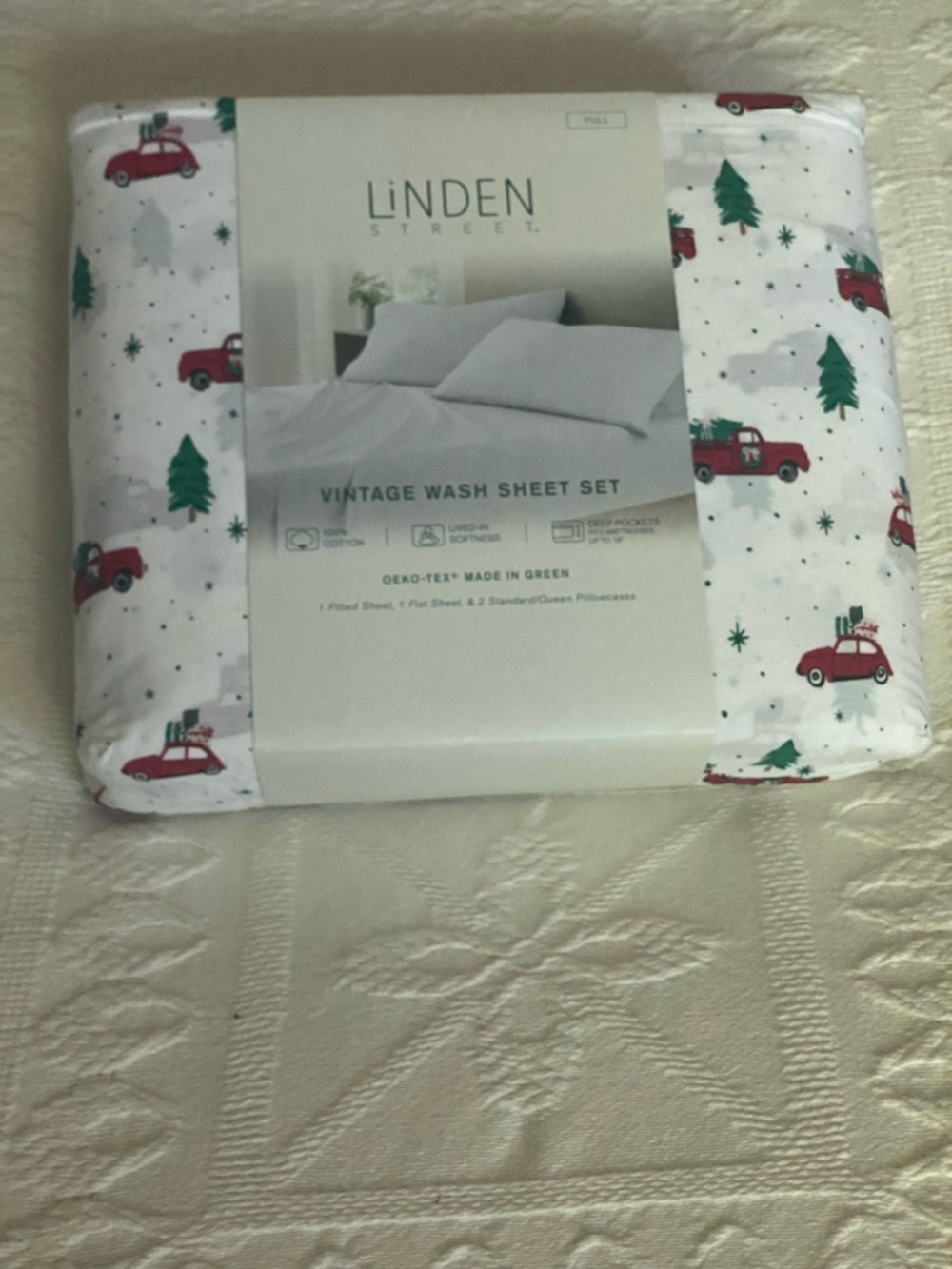 Linden Vintage Wash Sheet Set - White with Red Trucks & Green Trees